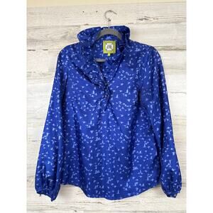Elizabeth Mckay Womens 10 Blue Bird 100% Silk Novelty Ruffle Neckiine Blouse
